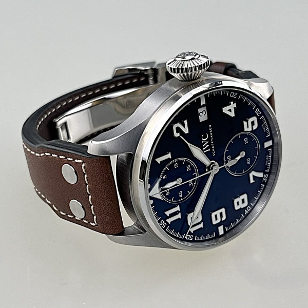 IWC BIG Pilot's Watch, Monopusher Edition Le Petit Prince, Handaufzug, Stahl, 46 mm, ZB blau, Leder