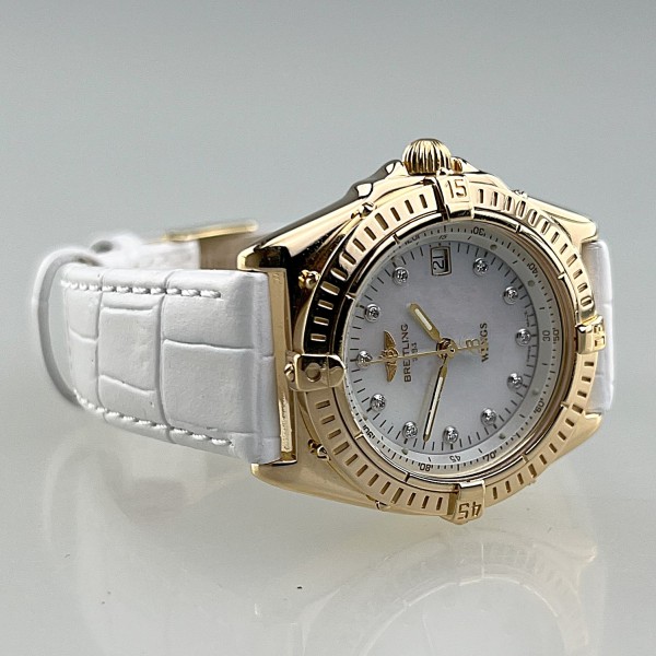 Breitling Wings Lady, Gelbgold, Perlmuttzifferblatt mit Diamanten, Box/Papiere
