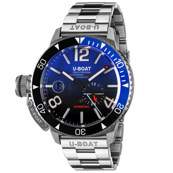 U-Boat Italo Fontana, SOMMERSO CERAMIC BLUE, Stahl, 46 mm, 30 ATM, schw./blaues Blatt, Metallarmband